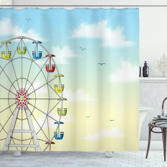 Ferris Wheel Shower Curtain, Illustration of a Ferris Wheel with Colorful Cars in front of an Open Sky, Fabric Bathroom Set with Hooks, 69W X 70L Inches, Multicolor, by Ambesonne