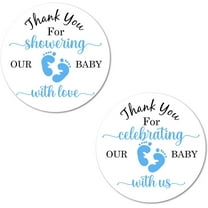 40 Thank You for Showering Our Baby with Love Stickers, 2 Inch Big Round Glossy Labels, Blue Footprints Theme for Boy, Great for Party Favors, Tags, Games and Supplies