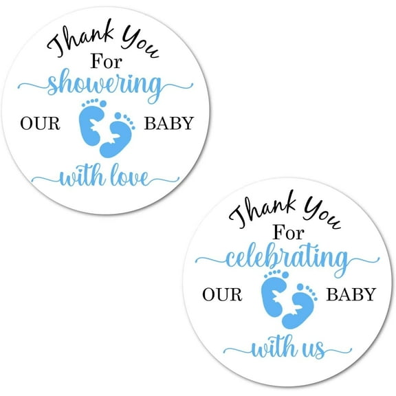 40 Thank You for Showering Our Baby with Love Stickers, 2 Inch Big Round Glossy Labels, Blue Footprints Theme for Boy, Great for Party Favors, Tags, Games and Supplies