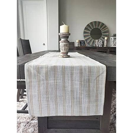 

Fennco Styles Modern Striped Linen Blend Table Runner 16 W x 54 L - Beige Woven Table Cover for Home Décor Dining Table Banquets Family Gathering and Special Events