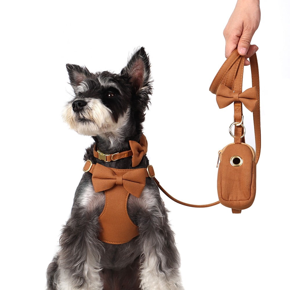 Pet Artist 4pcs Cute Bowtie Dog Harness and Collar and Leash and Poo Bag Holder Adjustable Pet Puppy Cat Vest