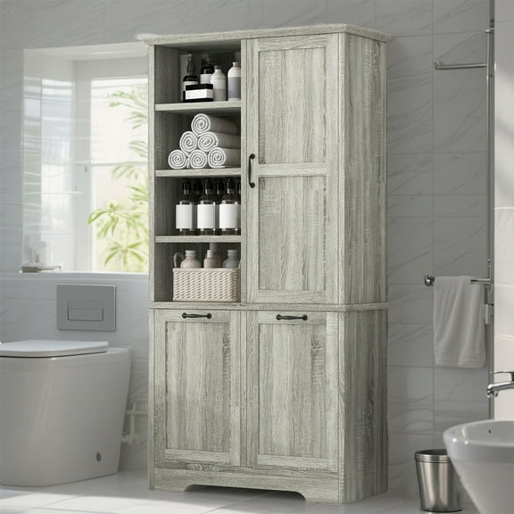 YIYADO Storage Cabinet with doors and drawers, tilted laundry basket, bathroom storage cabinet with adjustable shelves, Dark Gray