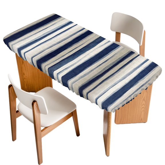 Rustic Navy Blue Stripe Fitted Rectangle Tablecloth 32" x 72" Vintage Watercolor Beige Blue Wavy Lines Elastic Table Cloth Fits for 6 Foot Folding Tables Waterproof Table Cover for Picnic Camping