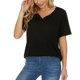 thumbnail image 2 of Camisa de manga corta para mujer, cuello redondo, 4 botones, empalme de encaje en la espalda, Color puro, camiseta para mujer, Top para fiesta de citas diarias, negro L, 2 of 7