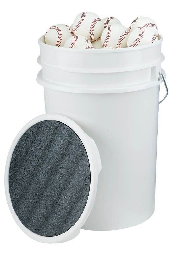 BUCKET W/PADDED LID & 3 DOZEN LEATHER BASEBALLS