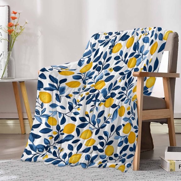 Fleece Blanket Spring Summer Lemon Blue Leaves Blankets, Soft Cozy Warm Flannel Throw Blanket, Pastoral Plants Blanket for Bed Couch Sofa,30x40In