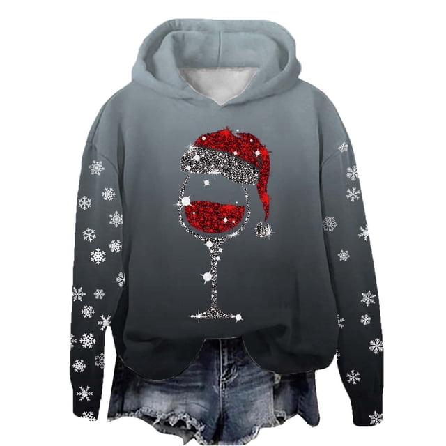 WEAIXIMIUNG Chandails en Molleton d'Automne Graphiques pour Femmes Automne et Hiver Noël Rouge Verre Imprimé Col Rond Manches Longues Chandail à Capuchon Sport Décontracté (1)