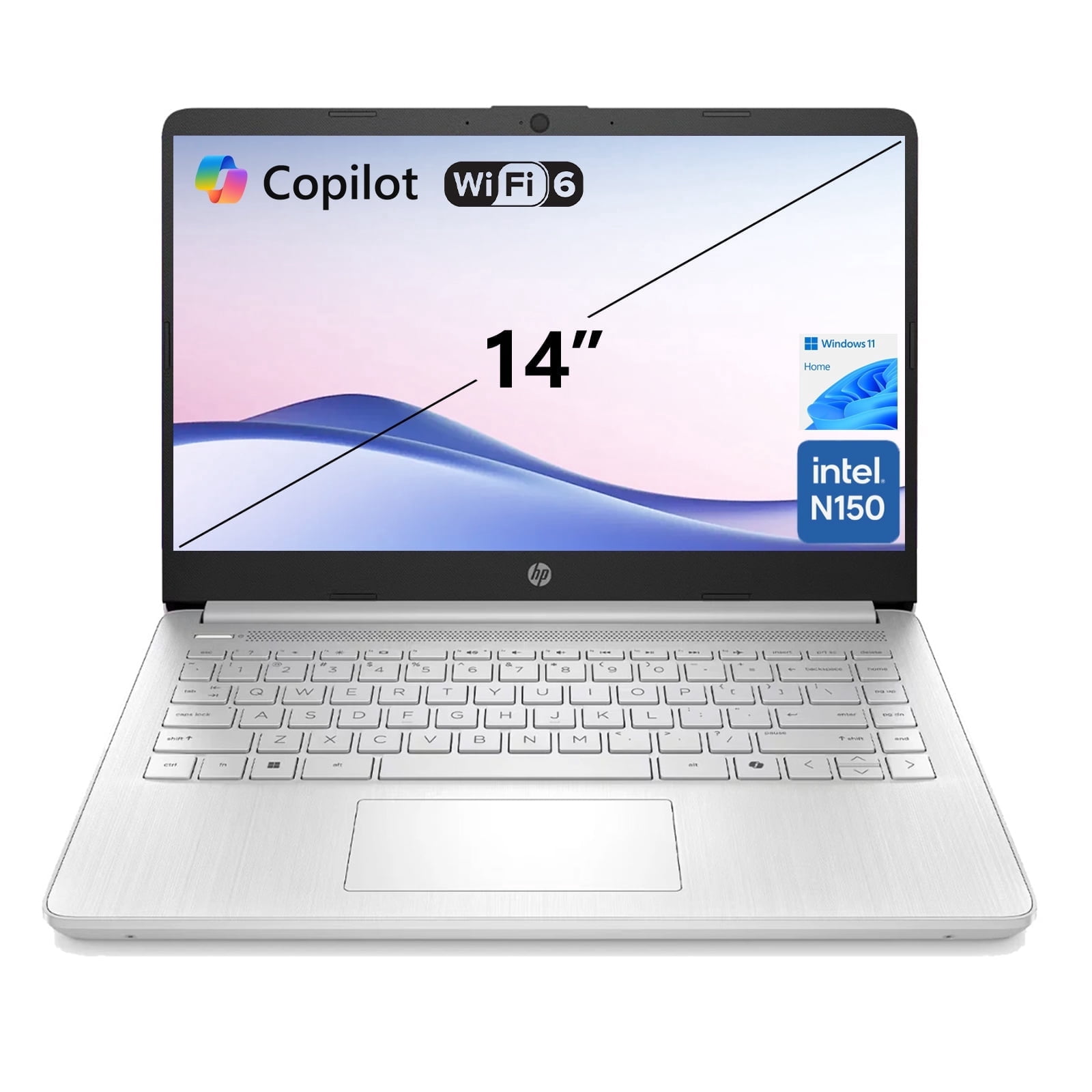 HP Essential 14-dq6101dx Traditional Laptop, 14" HD , Intel N150, 4GB RAM, 128GB eMMC, Windows 11 Home, Silver