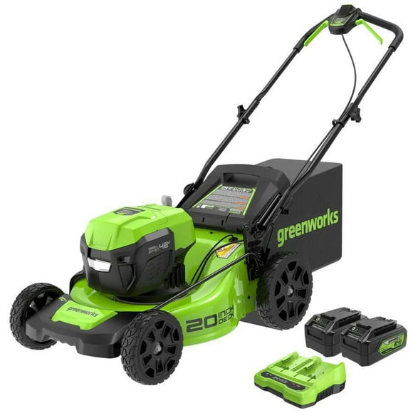 Tondeuse manuelle Greenworks 48 V (2 x 24 V) sans balai, 20 pouces, 2 batteries 4 Ah et chargeur 4 A Tondeuse poussée de 48 V