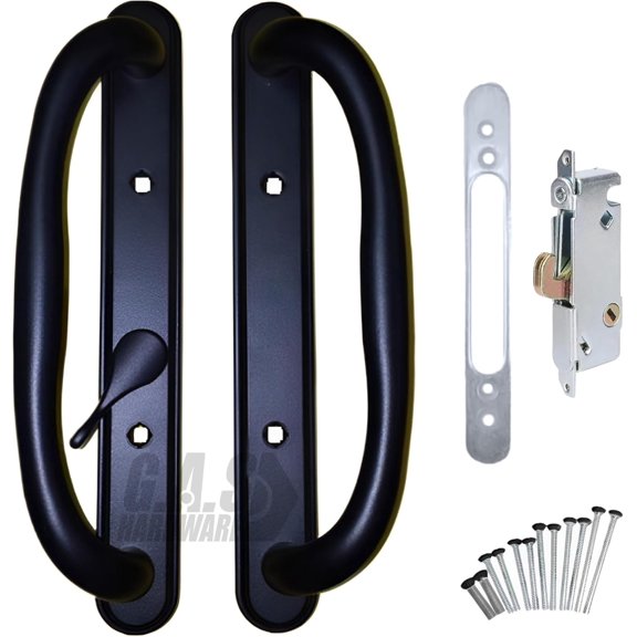 10" Sliding Patio Glass Door Offset Pull Black Handle Set Replacement with Mortise Lock - fits 3 ¹⁵/₁₆ inches Hole Spacing, and 1-1/4" to 2-1/4" Door Thickness