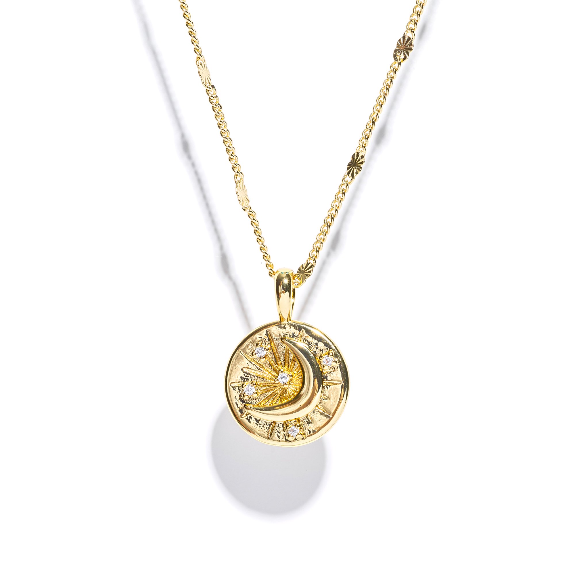 Gold Plated Crescent Moon Pendant Necklace • Women s Spiritual Accessories • Good Energy Jewelry • Jewelry Amulet Protection • Gold Medallion with Cubic Zirconia • Stars Wander Superior Quality