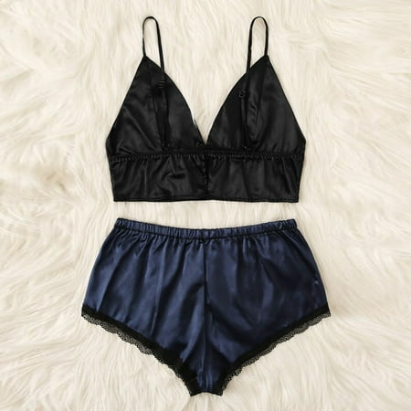 

EHTMSAK Women s Lace Pajamas Set Nightwear Lingerie Sexy Cami Crop Top Shorts Loungewear Pj Set 2 Piece Sleepwear Navy M