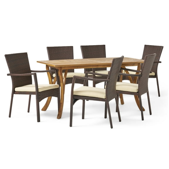 Corina 7-Piece Outdoor Wood and Wicker Dining Set, Teak Finish and Cream