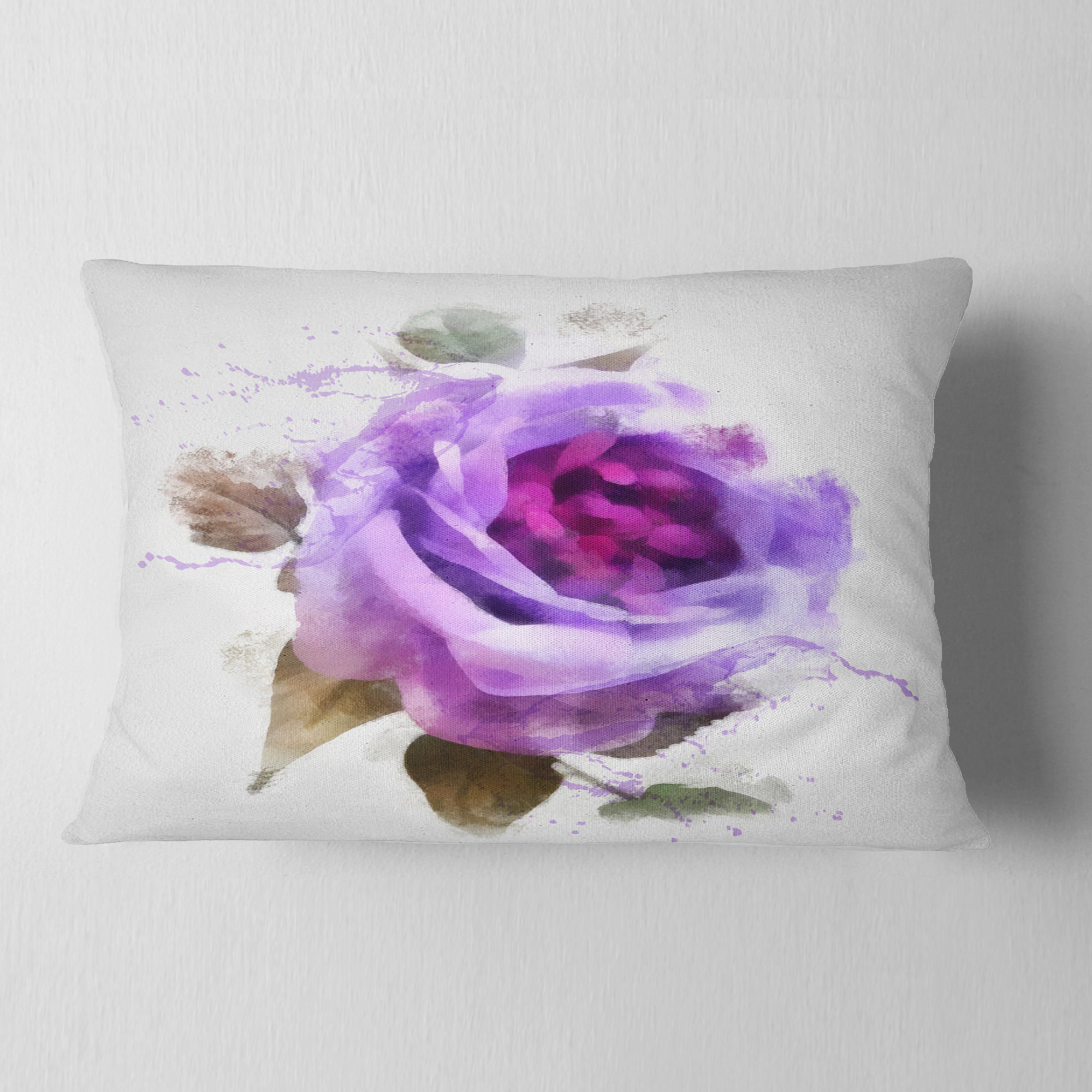 Designart Watercolor Purple Rose with Leaves - Floral Throw Pillow - 12x20
