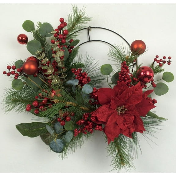 Poinsettia With Red Balls Berries And Greens Half Wreath