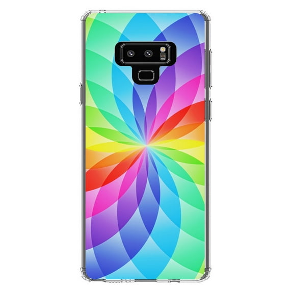DistinctInk Clear Shockproof Hybrid Case for Samsung Galaxy Note 9 - TPU Bumper, Acrylic Back, Tempered Glass Screen Protector - Rainbow Star Geometric
