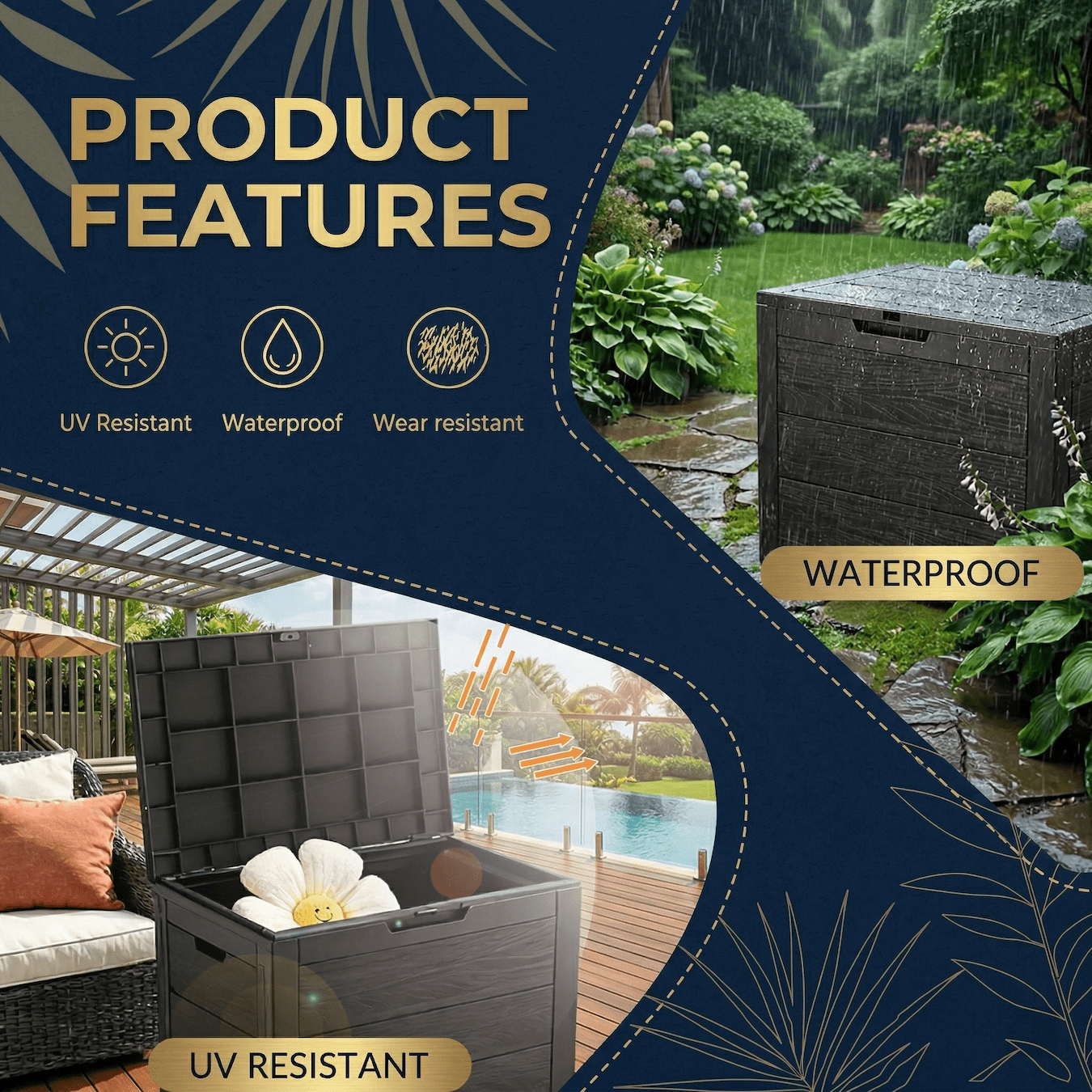35 Gallon Outdoor Storage Box, Waterproof Resin Deck Box with Lockable Lid, UV Resistant Patio Storage Box for Package Delivery, Cushions, Garden Tools, Outdoor Storage Container