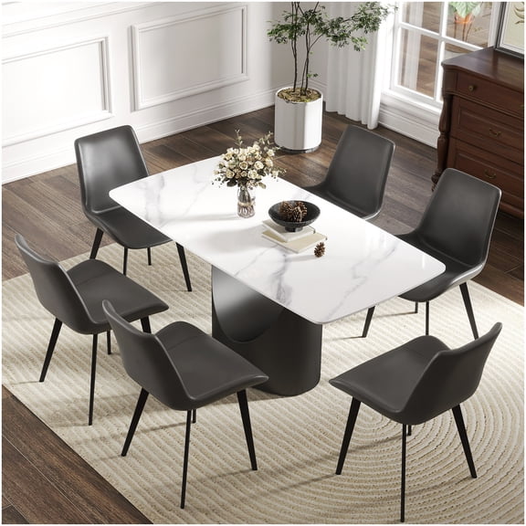 Contemporary White Sintered Stone Dining Table with Black Metal Base for Modern Homes
