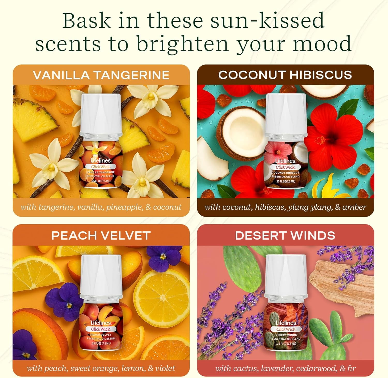 ClickWick Sun-Kissed Escape Essential Oil Blend Collection, Long-Lasting Scented Fragrance for Aromatherapy, 4 Pack