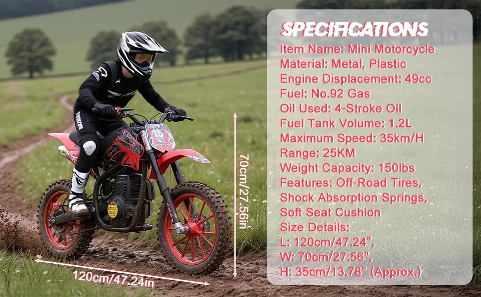 Dapmiu Safe Kids Off-Road Motorcycle 49CC - 4-Stroke Engine with Shock Absorption, 10" Tires & Aluminum Rims for Stability Red