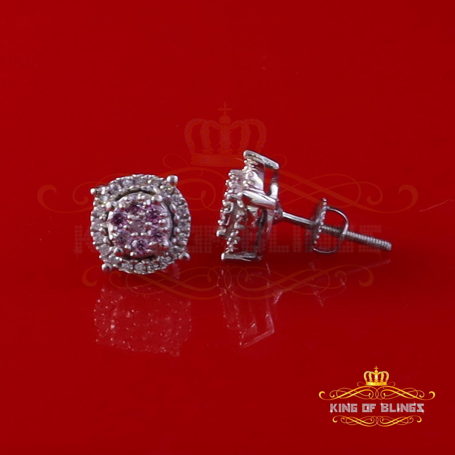 King of Bling's 925 Silver White 0.40ct VVS 'D' Pink Moissanite Round Mens/Women's Stud Earrings