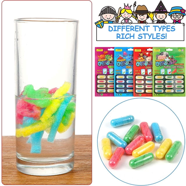 Grow Capsules Growing In Water Animals Toys 4 Packs, multicoloured capsules that transform into foam animal shapes in warm water. Includes four sets with themed packaging such as zoo, farm, and sea creatures. Ideal for science toys and cognitive development activities under adult supervision.