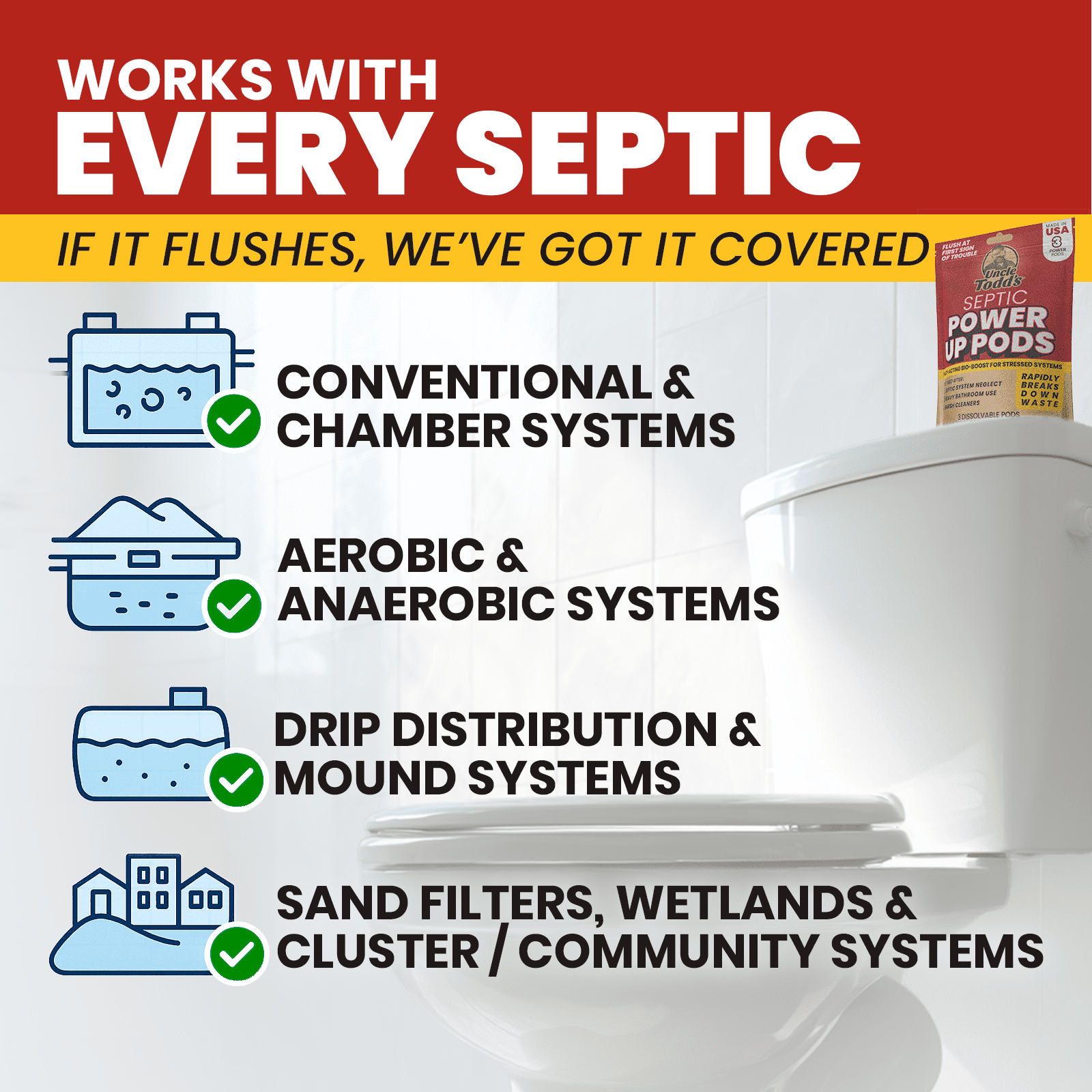 Uncle Todd’s Septic Power Up Pods – Septic Tank Booster Treatment, 3-Month Supply (One 2oz Pod/Month) – Rebalances Struggling Systems, Speeds Waste Breakdown, Enzyme Formula