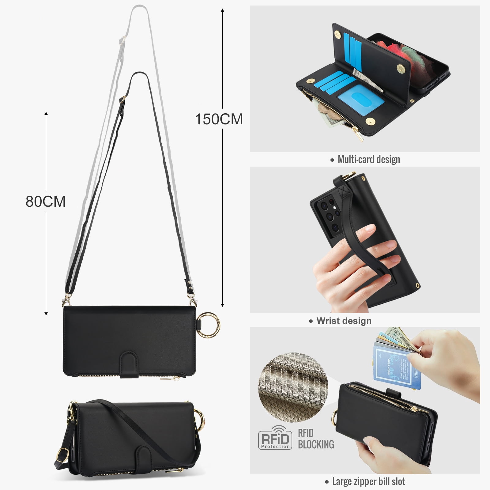 ELEHOLD For Samsung Galaxy S21 Ultra Phone Case Leather Crossbody Zipper Card Wallet Flip Case Kickstand Cover, with Ring Holder,Full Body Protection-Black
