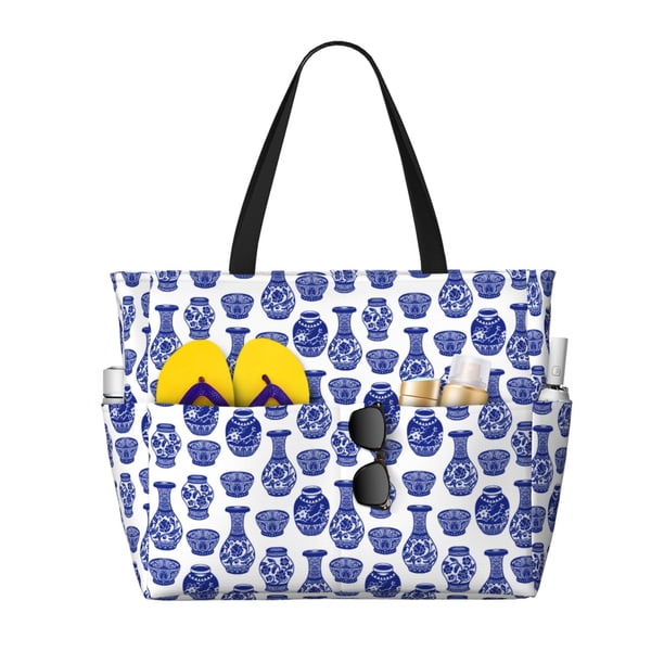 Fotbe Blue Vases Bolsa de Viaje para Playa - Resistente al Agua, Bolsa Tote de Gran Capacidad y Ligera con 7 Bolsillos para Mujeres y Hombres