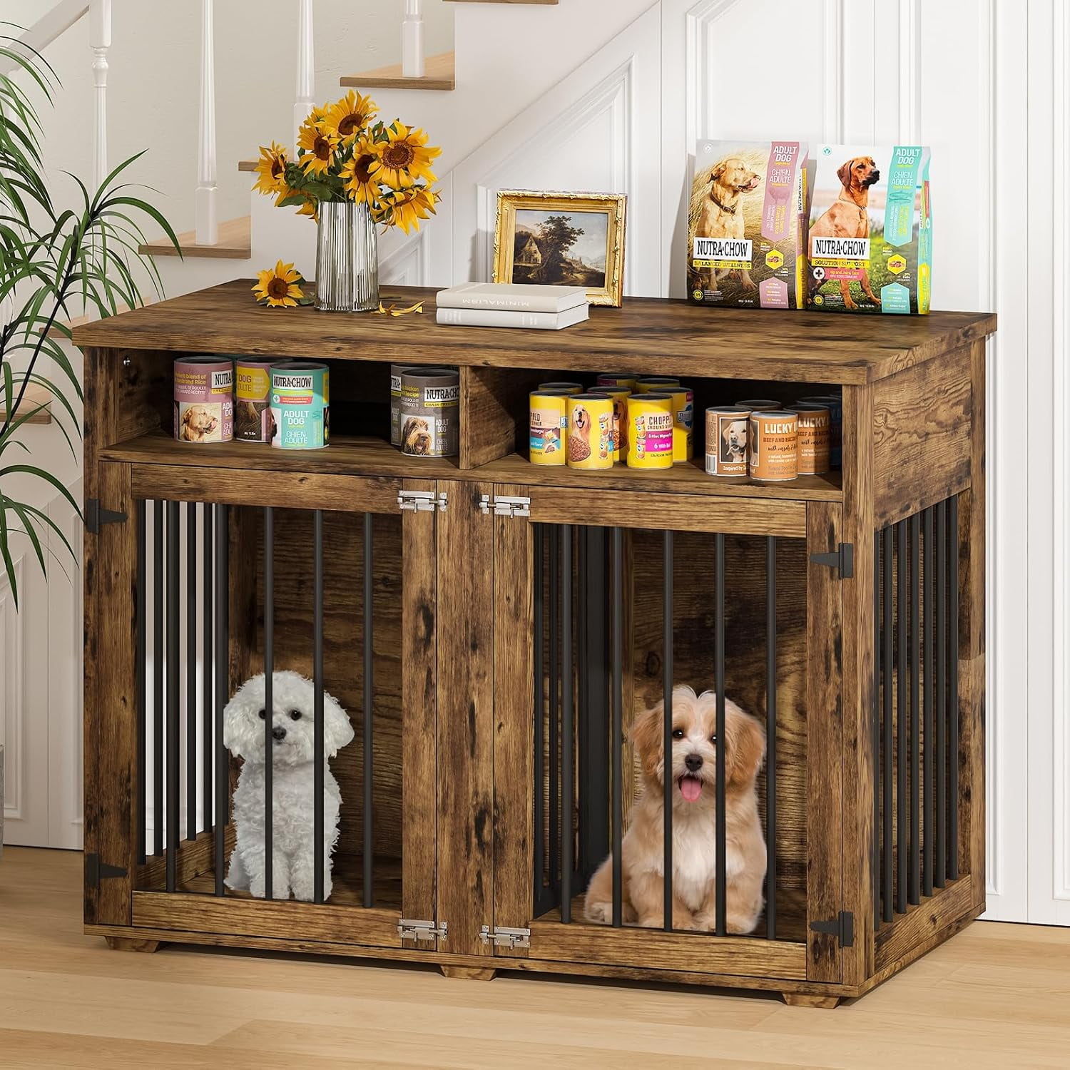DreamCurship 41 Inch Dog Crate Furniture, 2-Door Wooden Dog Crate Kennel Furniture with Divider, Indoor Dogs Kennel for Small to Medium, Wash Gray