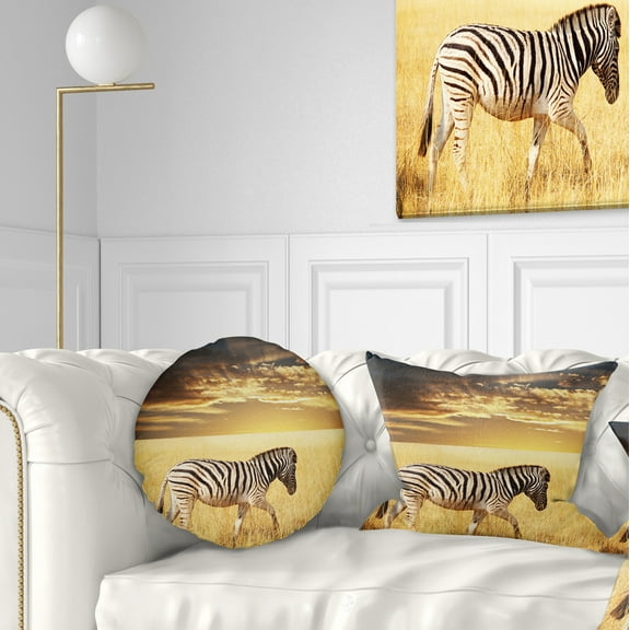 Designart Solitary Zebra Walking in Grassland - African Throw Pillow - 12x20