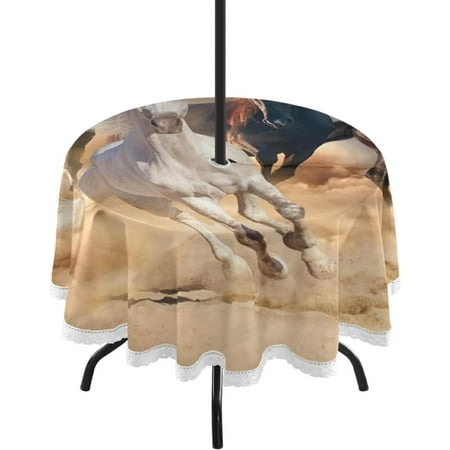 

GZHJMY 60 Horse Round Tablecloth Waterproof Spillproof Polyester Fabric Table Cover with Zipper Umbrella Hole for Outdoor Patio Garden Dining Party