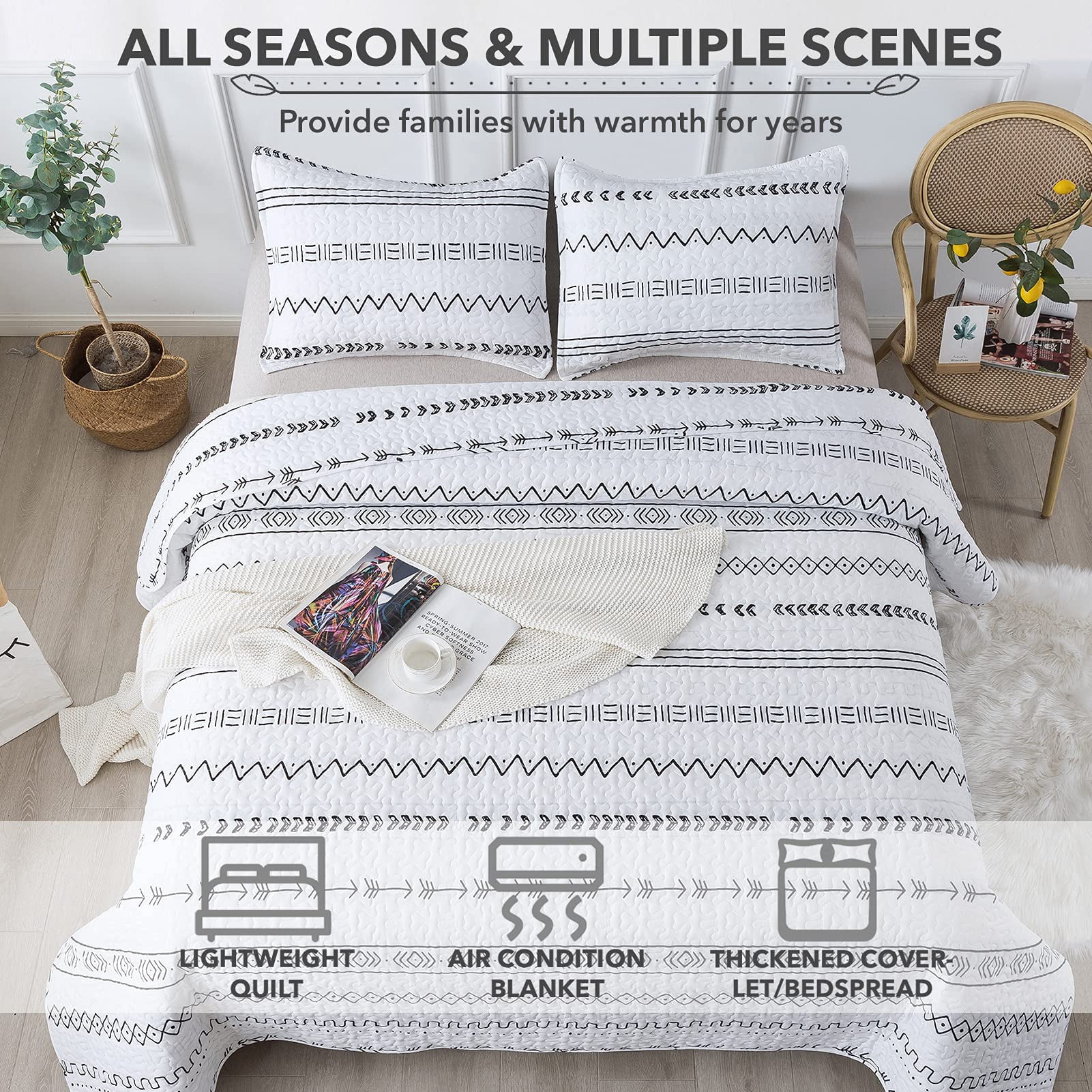 Andency White California King Quilt Set, 3 Pieces Bohemian Summer Soft Lightweight Bedspread Cal King, All Season Microfiber Coverlet Sets with 2 Pillow Shams (112" x104")