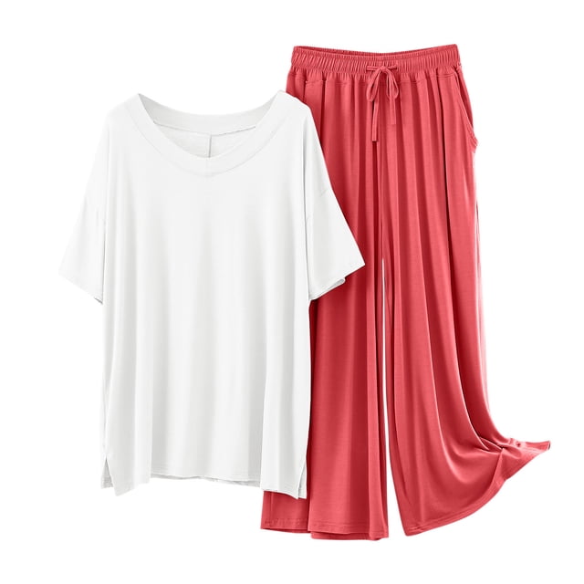 Pyjama en Modal pour Femmes Ensemble de Nuit Deux Pièces Manches Courtes Hauts Pantalons Larges Longs Automne Été Pjs Pyjama Rouge, G