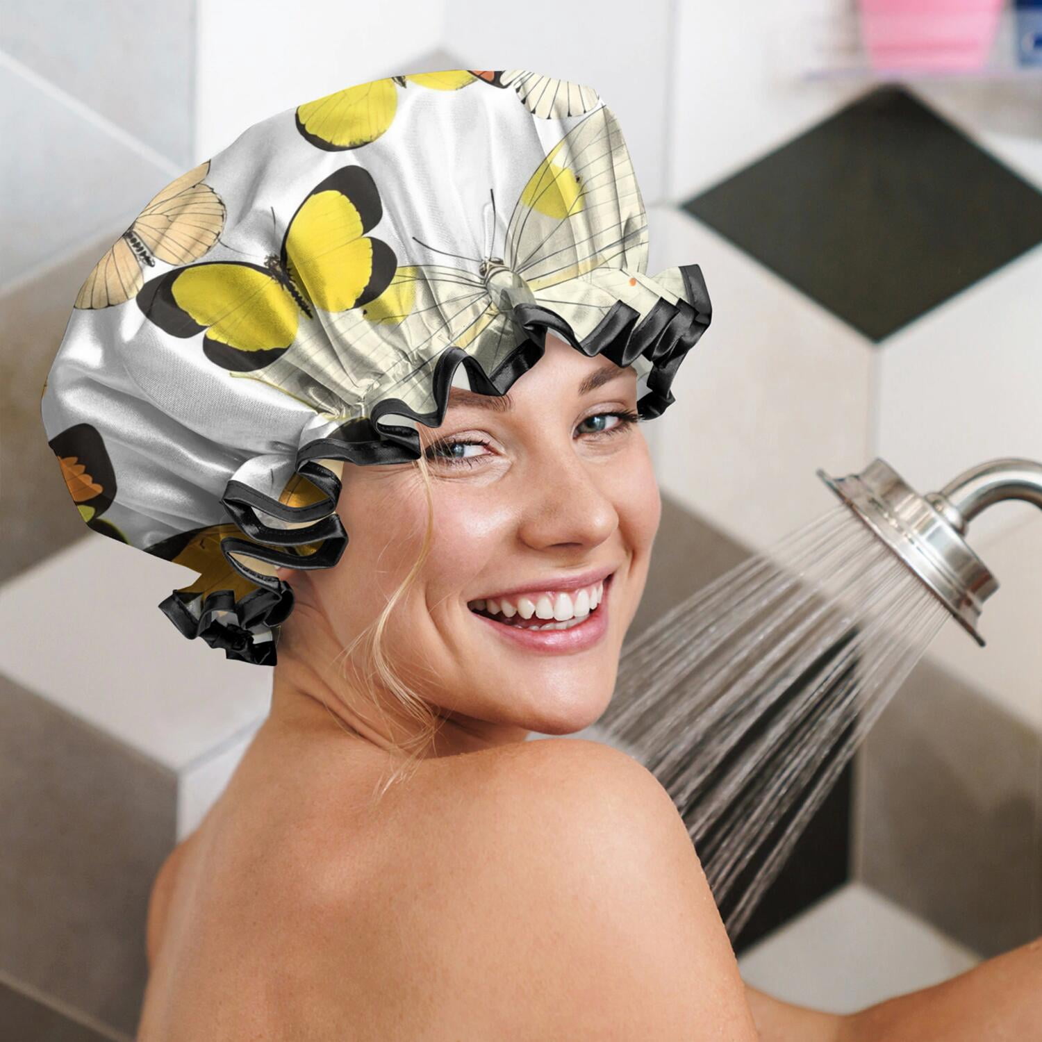 Shower Caps,Yellow Butterfly Pattern Waterproof Shower Cap for Women 4 Pieces,Double Reusable Hair Cover for Shower PEVA Elastic Stretch Hem