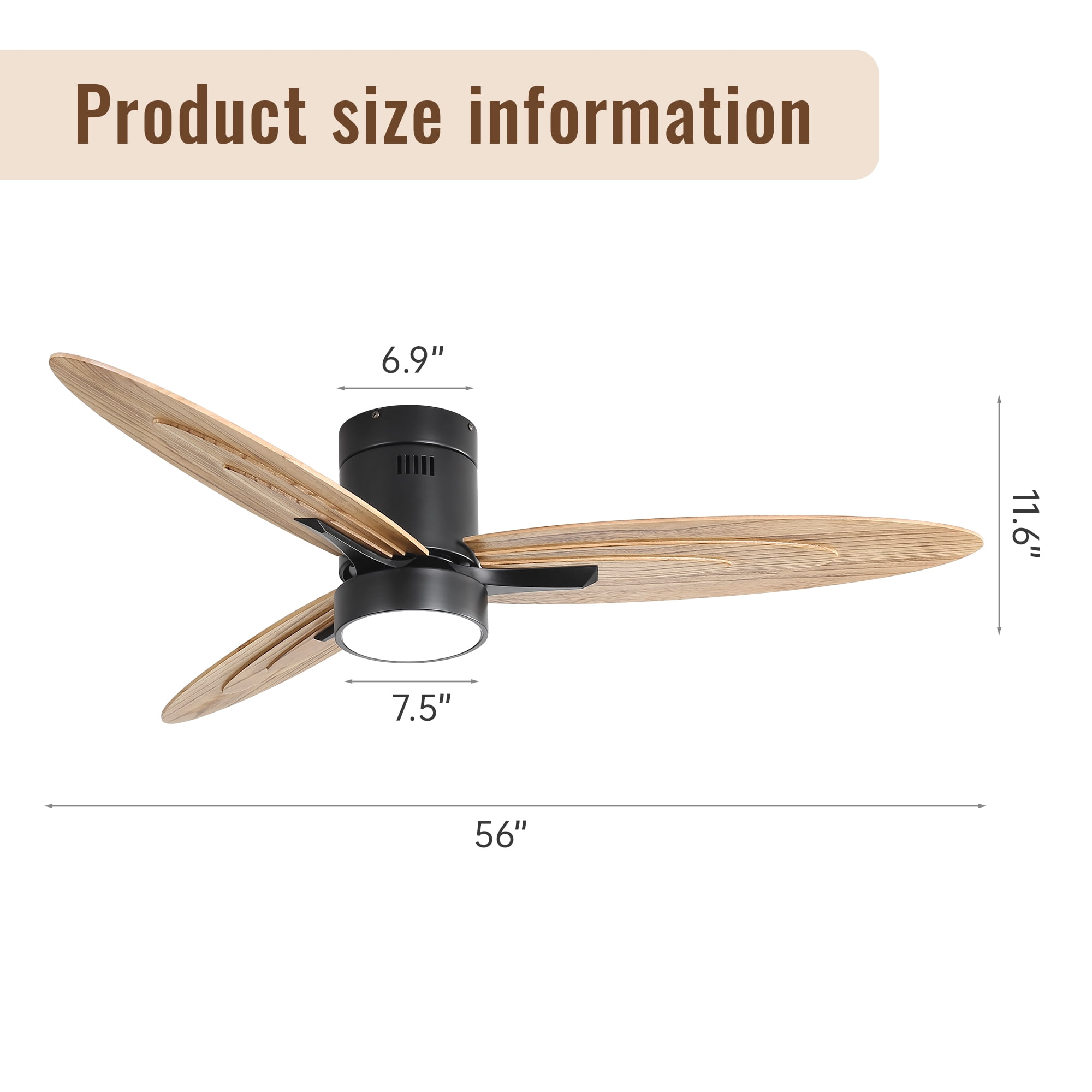 Sofucor 52 Inch Ceiling Fan with Light and Remote Control, 3 Solid Wood Blades Reversible DC Motor Black for Living Room