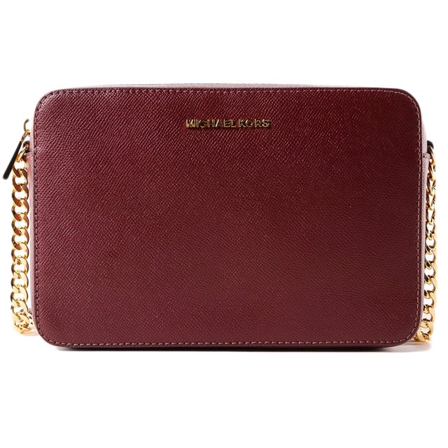bolsa michael kors mk crossbody lg ew 32s4gtvc3l oxblood Bolsa crossbody Michael Kors en piel vacuna oxblood, vista frontal centrada con silueta rectangular compacta y cierre superior; herrajes dorados, cadena-correa entretejida y logo MICHAEL KORS en dorado en el frente. Medidas: 9.5" largo x 6.5" alto x 2" ancho. Ideal como bolso compacto para llevar teléfono, cartera y básicos.