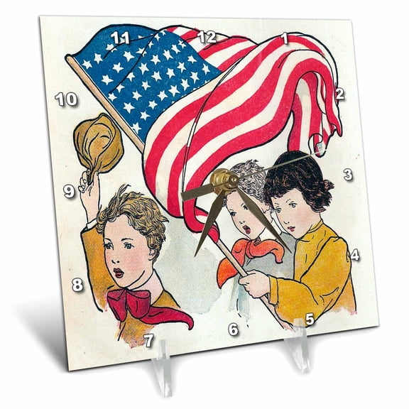 3dRose, Vintage Children With American Flag, 6x6 Desk Clock