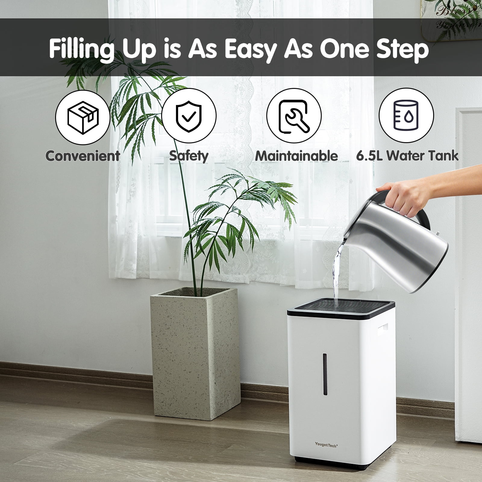 YougetTech Evaporative Humidifiers for Large Living Space, 6.5L(1.8Gal) Tank Whole Room Humidifier, 30W Cool No Mist Humidifiers, 7 Speed, MAX Output 1500ml/h, Auto Humid, Top Filling
