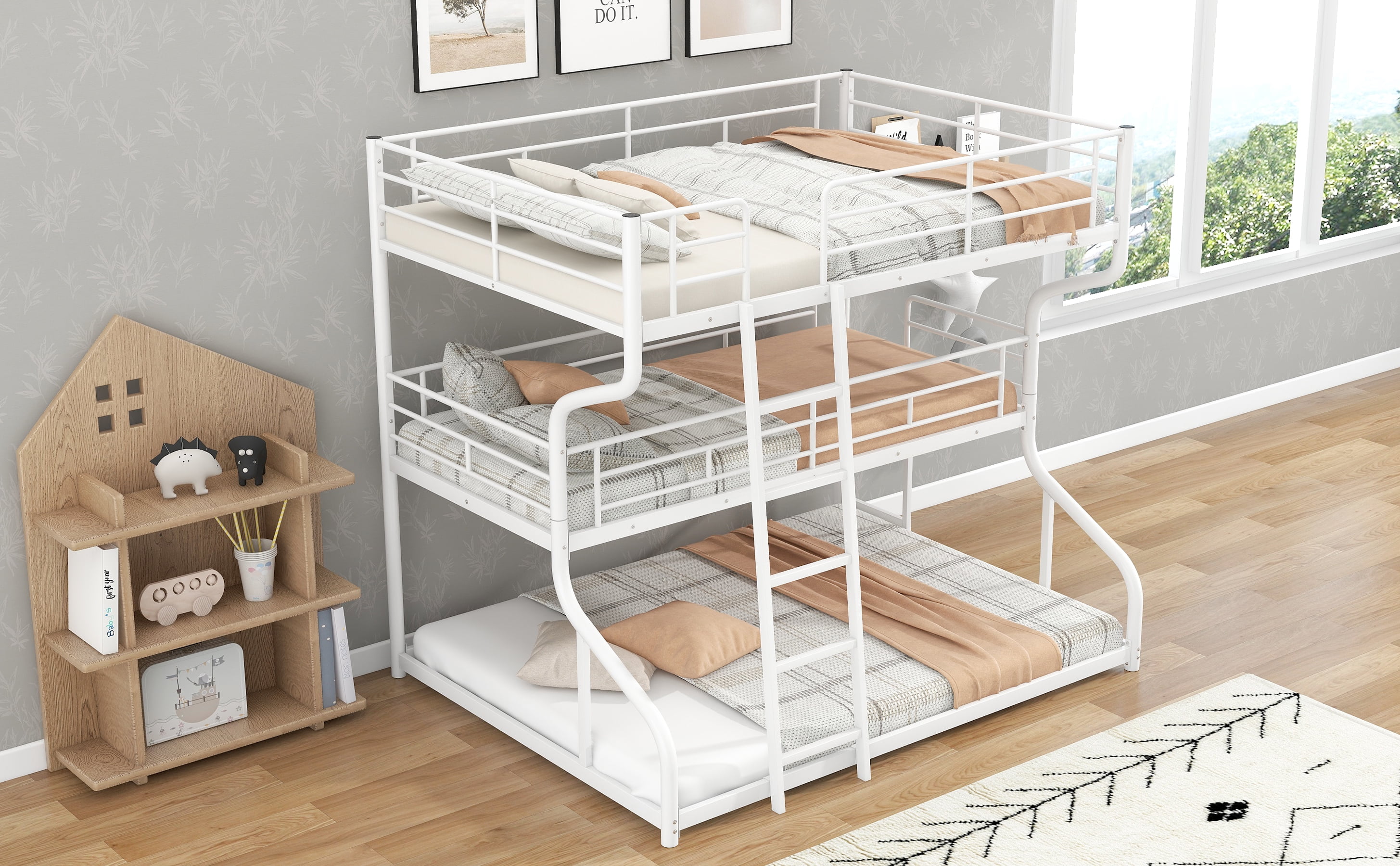 Euroco Solid Metal Bed, Full XL over Twin XL over Queen Size Triple Bunk Bed for Kids Teens Room, Three Beds for Both Kids and Adults, White