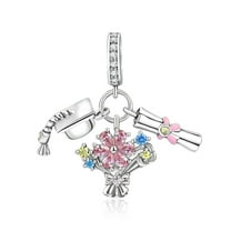 Graduation Hat, Flower & Diploma S925 Triple Dangle Charm for Women Moment Bracelet Necklace Pedant