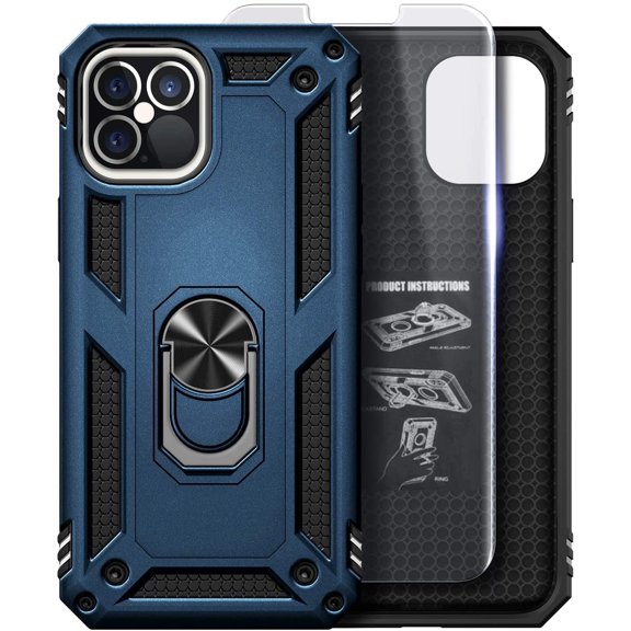 Nagebee Phone Case Compatible for iPhone 12 Mini (5.4 inch) with Tempered Glass Screen Protector, Military Armor [Magnetic Ring Holder & Kickstand] Shockproof Protective Cover (Navy Blue)