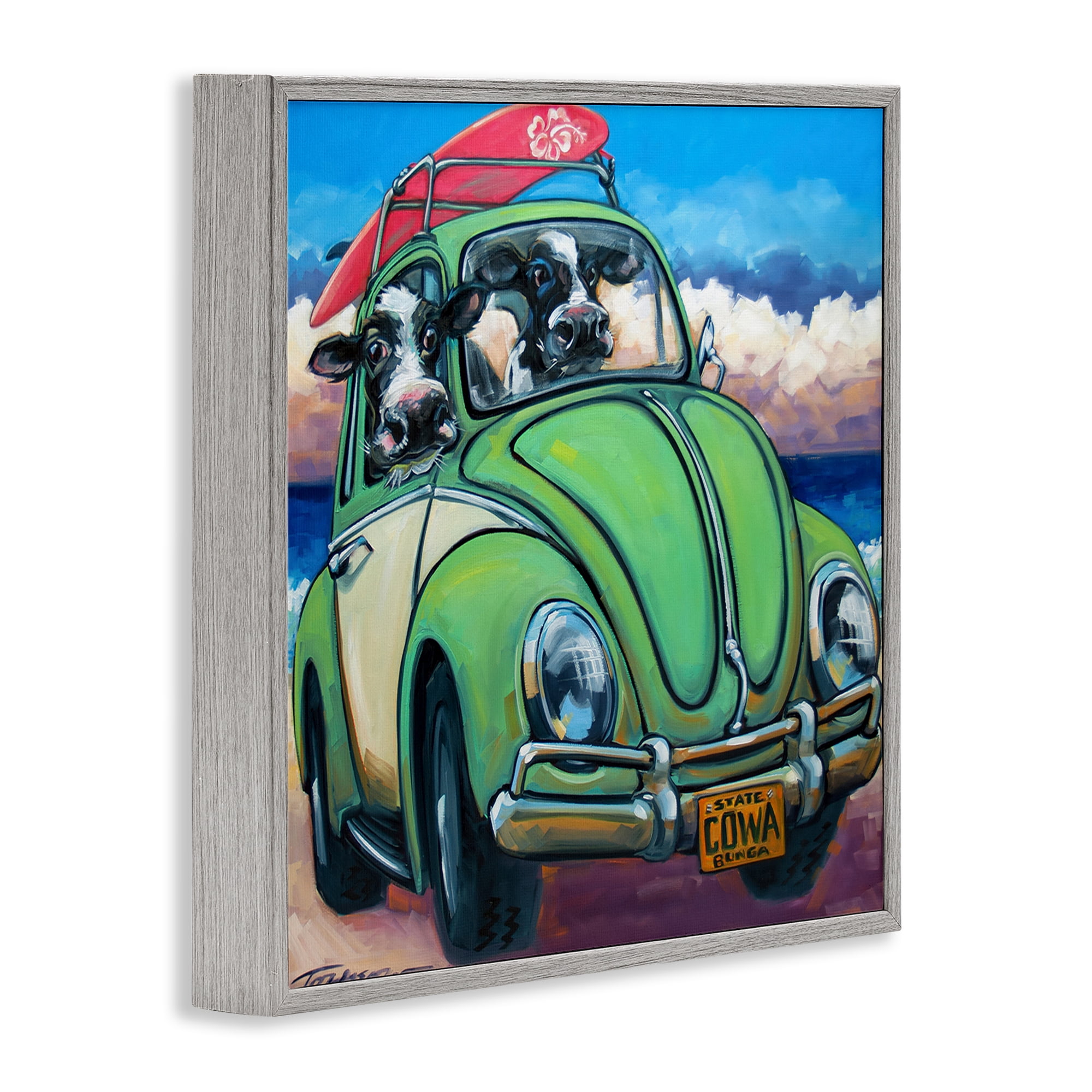 Stupell Industries Cowabunga Surfer Cows Gray Framed Giclee Art, design by CR Townsend