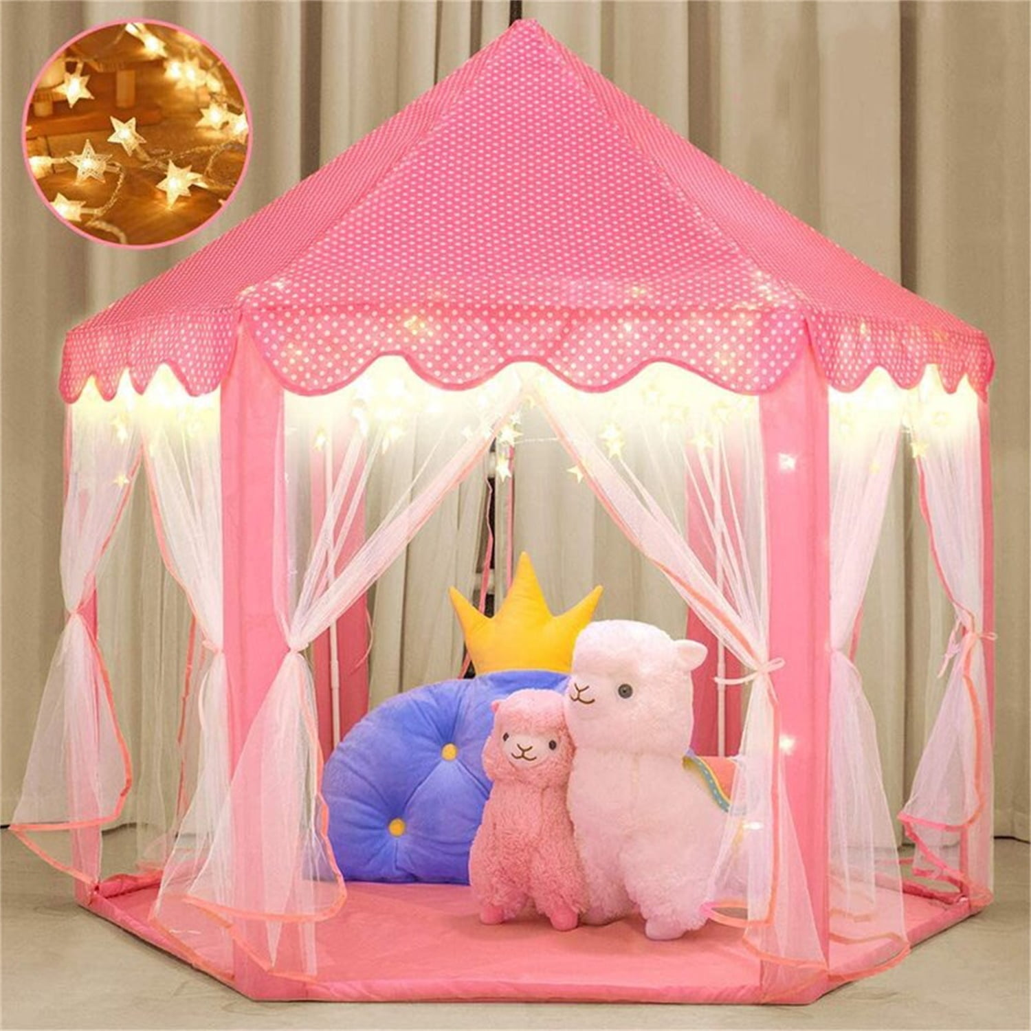 Moon Pink Kids Play Tent Kids Teepee Tent Princess Castle Play Tent Children Playhouse with Bonus LED Star Lights for Indoor Outdoor with Carry Bag Portable Playhouse Boys & Girls Birthday Gift 