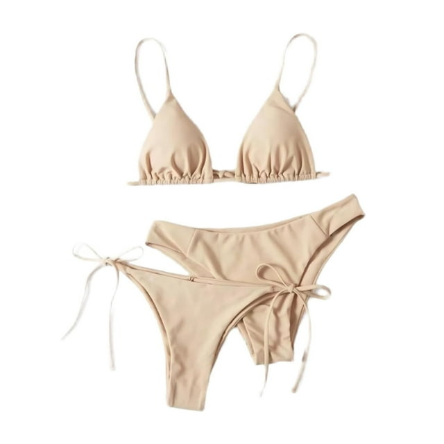 Trajes de baño para mujer, Trajes de baño para mujer, Traje de baño bikini de tirantes sin espalda de color liso para mujer, Conjunto de bikini con bloques de color y hombros descubiertos, Traje de ba