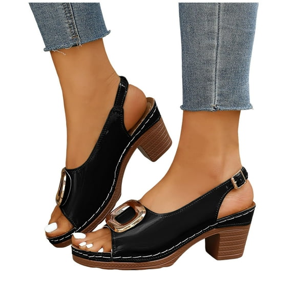 Ladies Dressy Sandals for Women 2025 Summer Trendy Leather Buckle Peep Toe Chunky High Heel Slingback Sandals