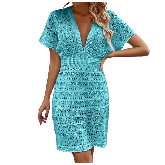 zaveiop Women Crochet Swim Cover up Short Sleeve V Neck Bathing Suit Beach Dress Summer Swimwear Coverups (Blue, L)