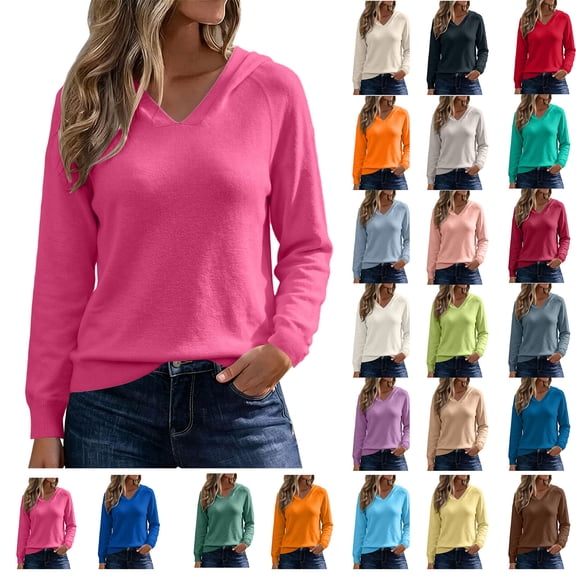 Szhihuiw Women's Lightweight Sweaters Fall Fashion Solid Color Long Sleeve Knit Hooded Sweater Business Casual Tops for Women