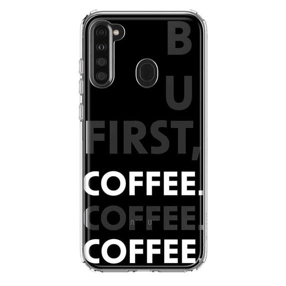 MUNDAZE Samsung Galaxy A21 Shockproof Clear Hybrid Protective Phone Case Black Clear Funny Text Quote But First Coffee Cover