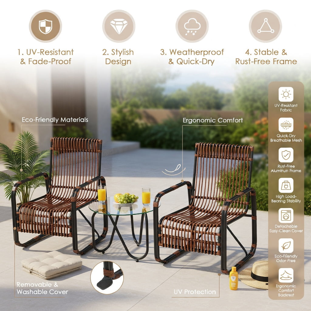 Hommoo 3-Piece Outdoor Rattan Patio Furniture Set, 2 Ergonomic Wicker Chairs + Tempered Glass Side Table for Balcony, Garden & Poolside， Brown & Black